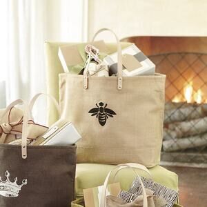 Ballard Designs Women's Beige Bee Printed Leather Handles Tote Bag